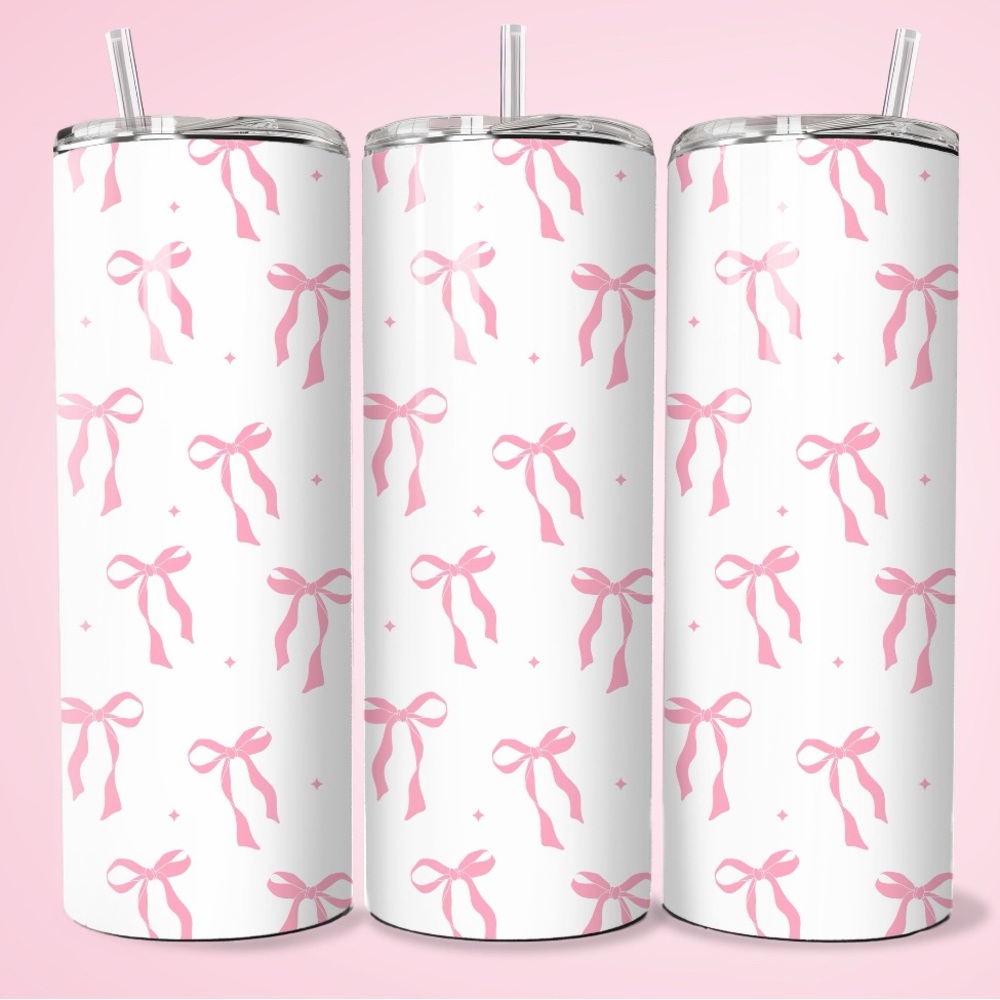 Pink Loopy Bow Tumbler, 20oz Skinny Stainless Steel with Plastic Lid and Straw.